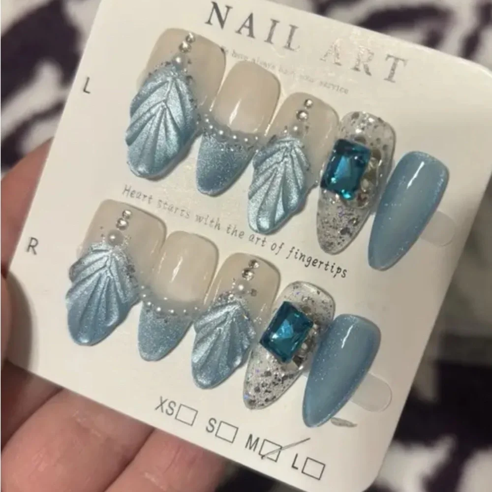 New Hamdmade Blue & Silver 3-D Acrylic Nail Art Set Medium 10 pc set Reusable